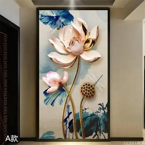 特价玄关壁纸画3d立体竖版 简约_中式5d3d立体浮雕荷花玄关壁画玄幻