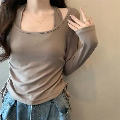 实拍#新款设计感挂脖圆领修身显瘦上衣女收紧绳打底衫