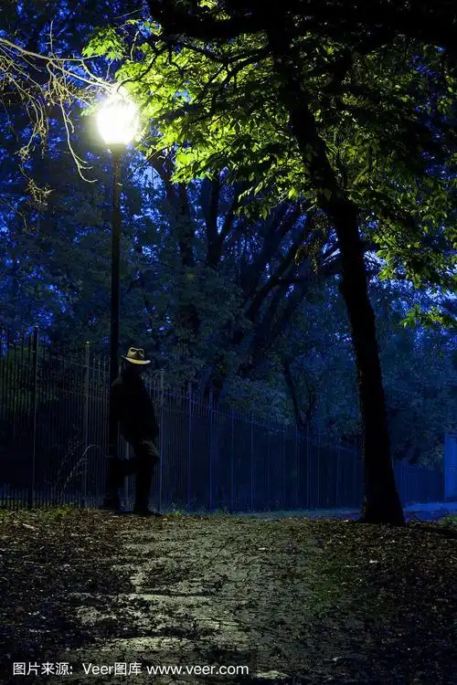 一个陌生人可疑地站在路灯下,在黑暗的步道旁