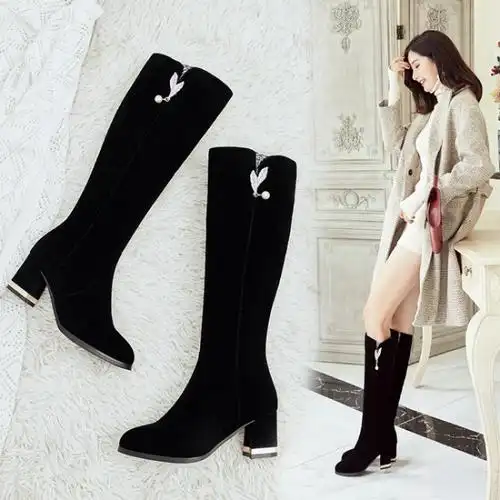 格瑞迪欧2018新款高筒靴秋冬季粗跟中长款女靴高跟长靴不过膝盖长筒靴