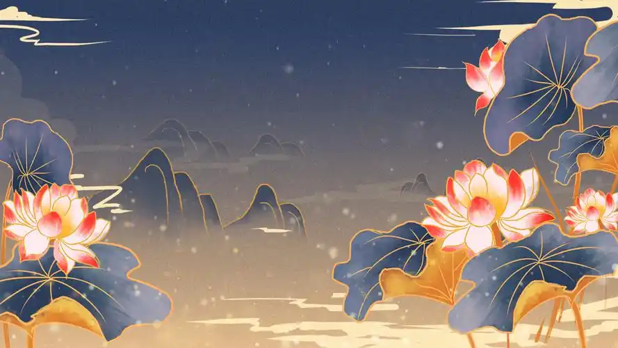 4k简洁蓝色国潮鎏金花横版创意背景展示国潮插画背景