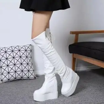 秋冬新款过膝长靴内增高跟坡跟厚底高筒靴防水台女靴子白色长筒靴