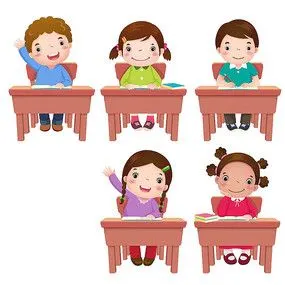 儿童卡通插画——开心教课的老师和认真听课的小朋友