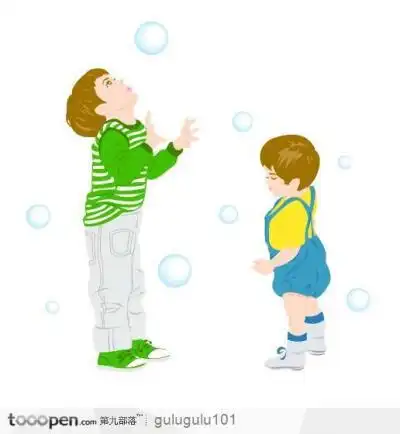 玩泡泡的兄弟俩人物插画