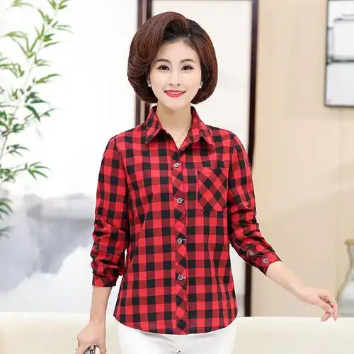 中老年人夏装女装妈妈装格子长袖衬衫外套薄款老人衣服老太太上衣