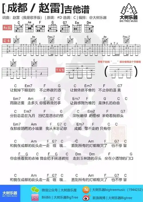 赵雷成都吉他谱,成都六线谱,原调d,选用c调编配,capo夹二品.