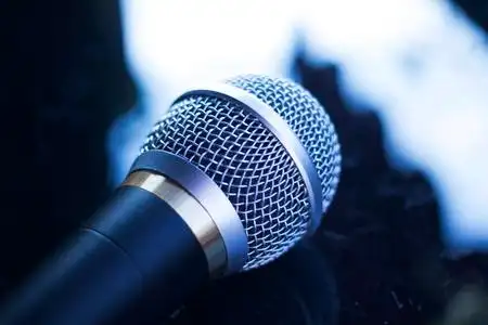 歌手音乐会舞台手拿麦克风唱歌和演讲或配音.照片