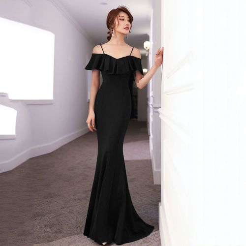 荷叶边一字领吊带晚礼服女长裙性感鱼尾显瘦优雅年会主持人连衣裙