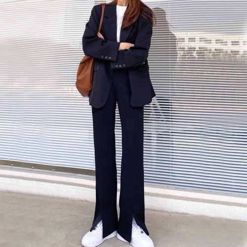 黑色西装直筒开叉阔腿裤女夏秋高腰宽松显瘦小个子垂感休闲拖地裤