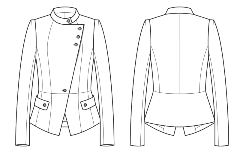 款式特征描述 (1)衣领:立领结构,前领口接驳头,驳领不翻折.