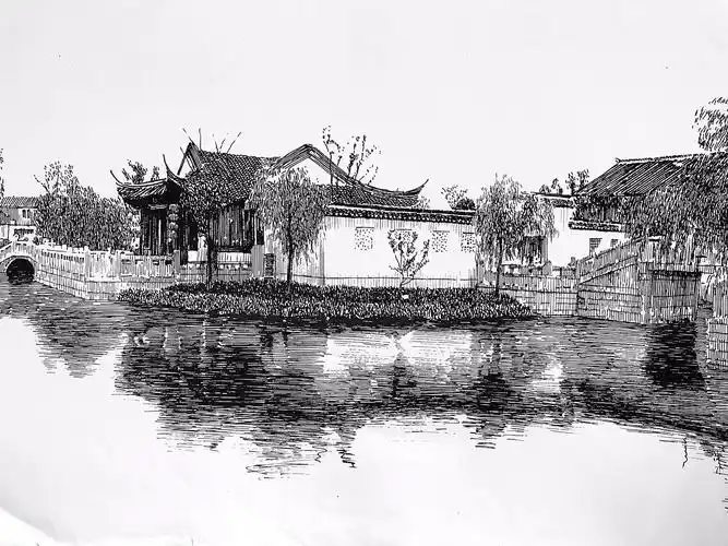 马国斌钢笔画江南水乡古镇风光