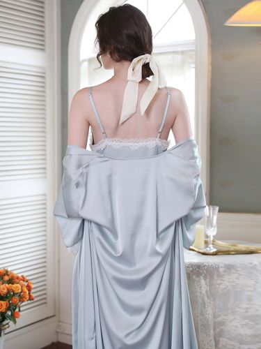 蓝色吊带睡裙冰丝真丝长款性感大码睡衣两件睡衣