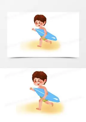 手绘卡通小男孩光脚赶海场景素材