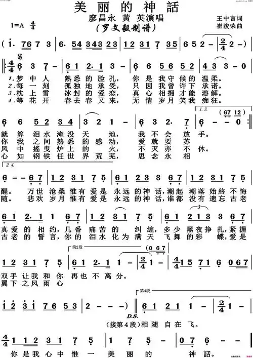 美丽的神话高清版简谱-廖昌永演唱-王中言/崔浚荣词曲-看谱啦