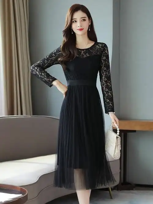 高端蕾丝连衣裙镂空气质名媛网纱长裙子长袖女春秋2020年新款