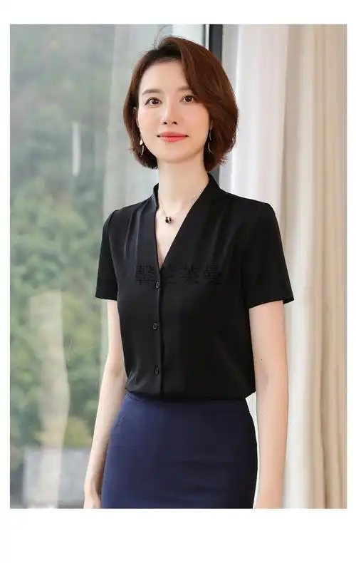 夏季短袖无领西装美容院店长工作服白衬衫女夏衬衫雪纺五星级酒店前台