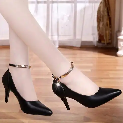 百丽晶客2019秋季新款中跟尖头韩版皮鞋女细跟高跟鞋一字扣单鞋女