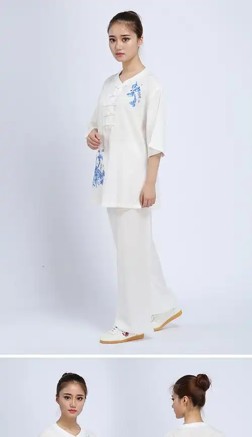 太极服棉麻女士绣花太极拳练功服装夏季短袖武术服中半袖