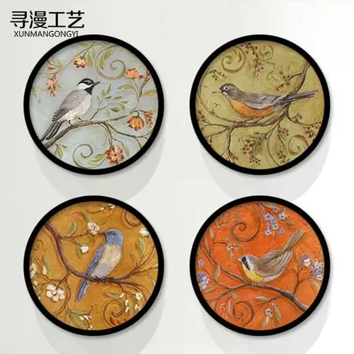 圆形装饰画客厅挂画美式乡村墙画餐厅田园有框画卧室花鸟玄关壁画