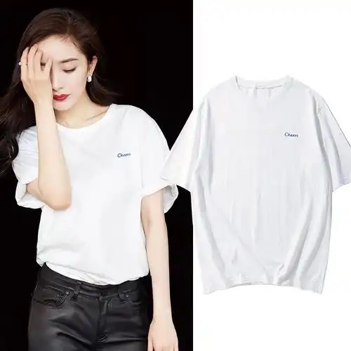 杨幂明星同款圆领白色英文带字母t恤女短袖简约