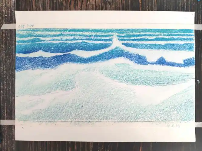 两张彩铅风景,海浪跟风车,尼奥尼彩铅,与物共生彩铅纸绘