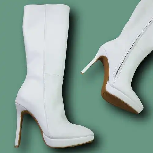 11cm时尚白色尖头细跟高跟及膝靴显瘦长长筒时装靴