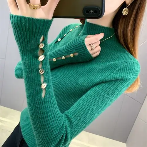 20758特价秋冬新款 弹力针织纽扣镂空修身女装打底衫拿货联系旺旺