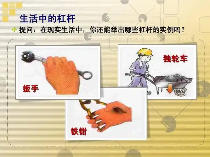 提问:在现实生活中,你还能举出哪些杠杆的实例吗? 独轮车 扳手 铁钳