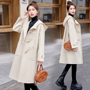 nqsq中长款毛呢外套女带帽学院风喜庆双面羊毛呢大衣气质羊绒外套 米