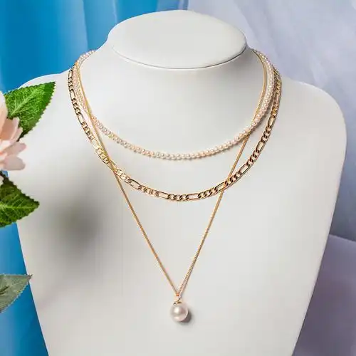 天然淡水珍珠项链女小众设计感 冷淡风气质三层叠戴14k注金锁骨链
