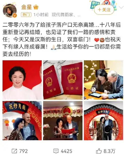 原创金星与汉斯再婚惊艳众人恩爱照片曝光引发热议