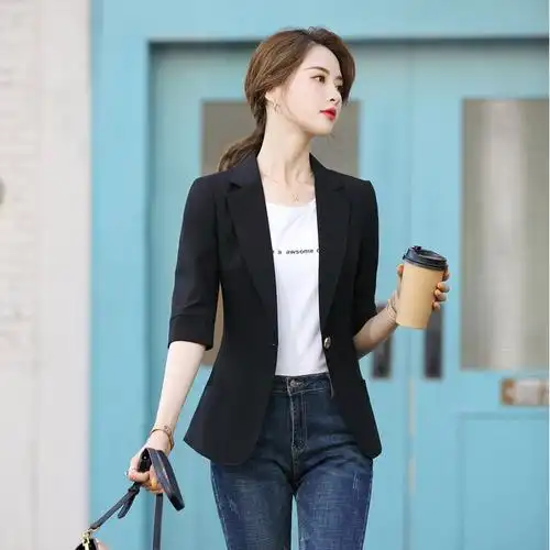 西装女misslisa新款七分袖气质职业小西装外套修身一粒扣休闲西服eh