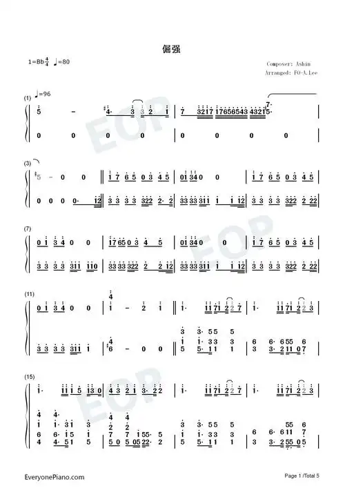 倔强-五月天-钢琴谱文件(五线谱,双手简谱,数字谱,midi,pdf)免费下载