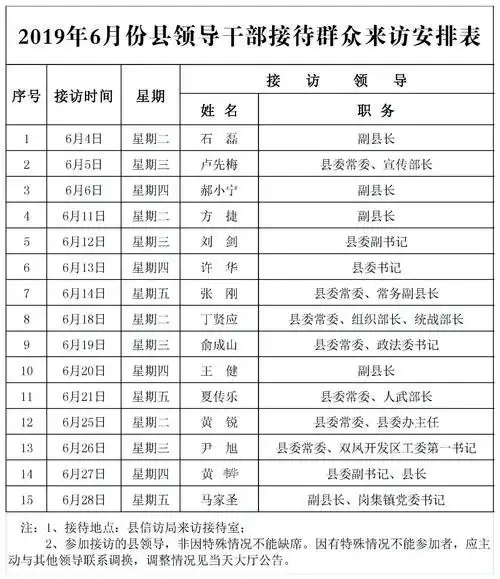 2019年6月份县领导干部接待群众来访安排表