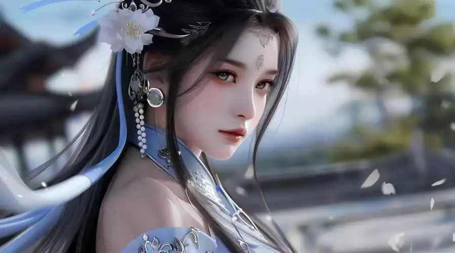 一位身穿蓝白相间连衣裙的美女,一头黑色长发,留着古风发型