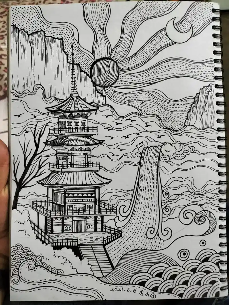 线描风景画.#手绘 #线描 #绘画 #美术 #画画 - 抖音
