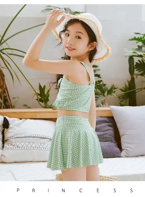 小女孩游泳衣可爱小学生格子裙式8-11岁宝宝分体儿童泳装nt865388