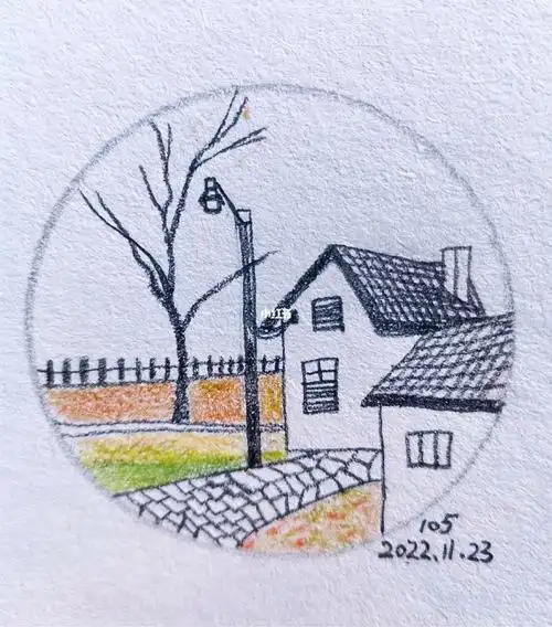 素描铅笔风景画宁静的小村子