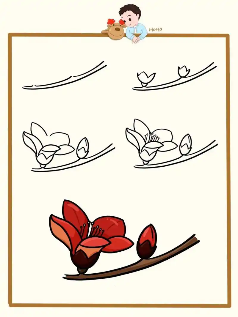 简笔画教程-木棉花(春天,广州之花) 零基础简笔画|简笔画教程|亲子简