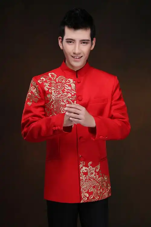 新款中山装红色唐装 复古中式婚礼服装 男士新郎服结婚礼服秀禾服