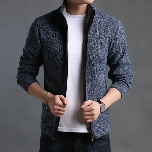 秋冬季毛衣外套男士纯色开衫韩版修身立领针织衫夹克加绒加厚潮