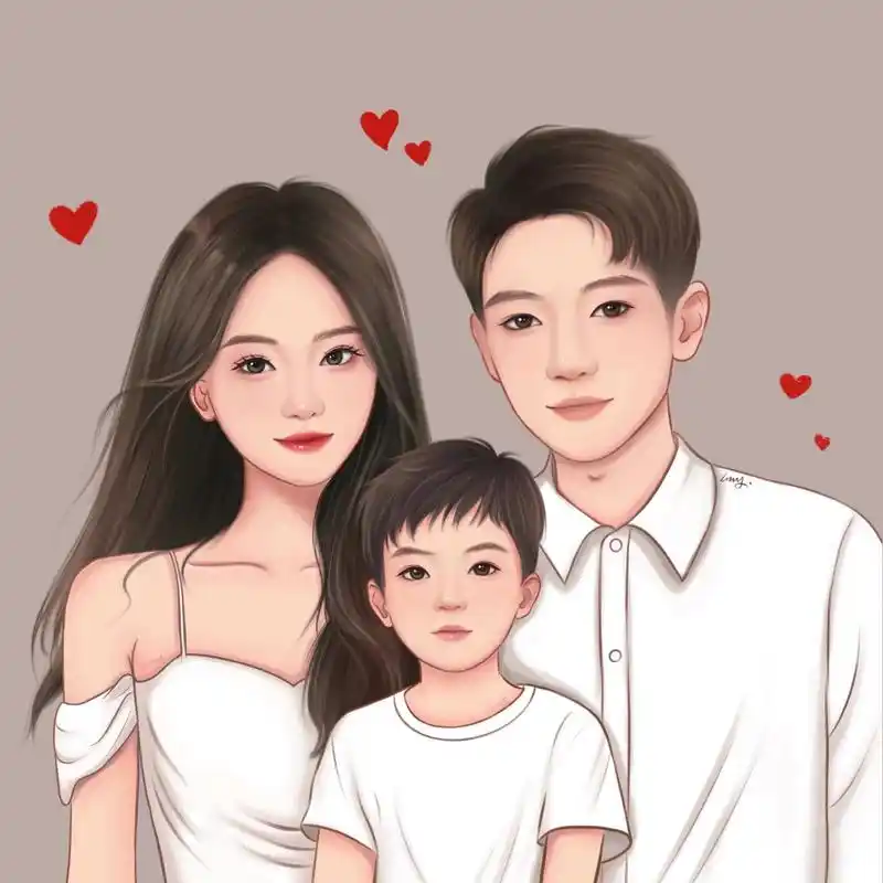 一家三口幸福全家福/手绘头像/七夕快乐 小人间~小县城~小人物 哪会