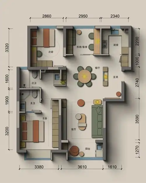 98平两居改三居