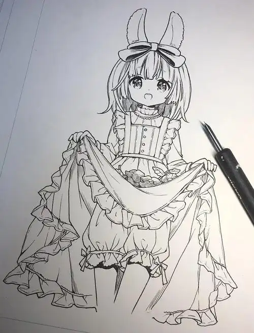 铅笔线稿二次元动漫女生线稿素材初学者收彩铅马克笔上色