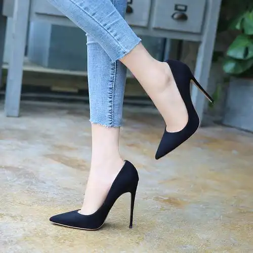 春夏绒面黑色高跟鞋女超细跟10cm尖头浅口性感夜场12厘米大码单鞋