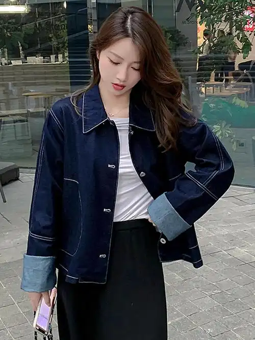 深色软牛仔外套女新款韩版宽松早秋复古上衣短外套夹克