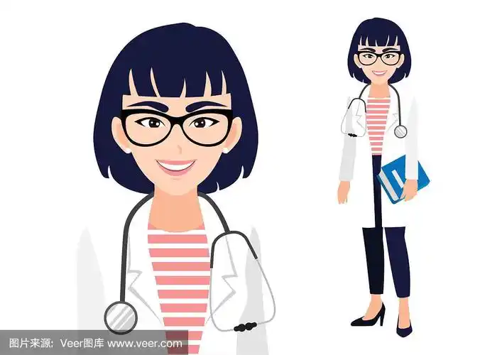 女医生卡通人物以白色为背景,年轻或十几岁的女医生穿着制服和休闲服