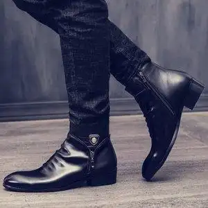 皮靴尖头中筒靴真皮男图片