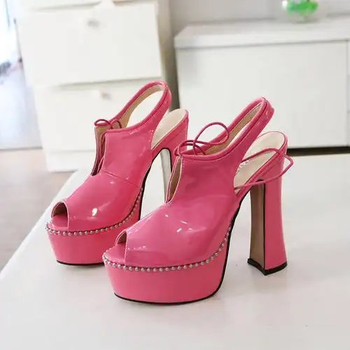 粉红色漆皮粗跟超高高跟鱼嘴单鞋系带欧美大码男单鞋