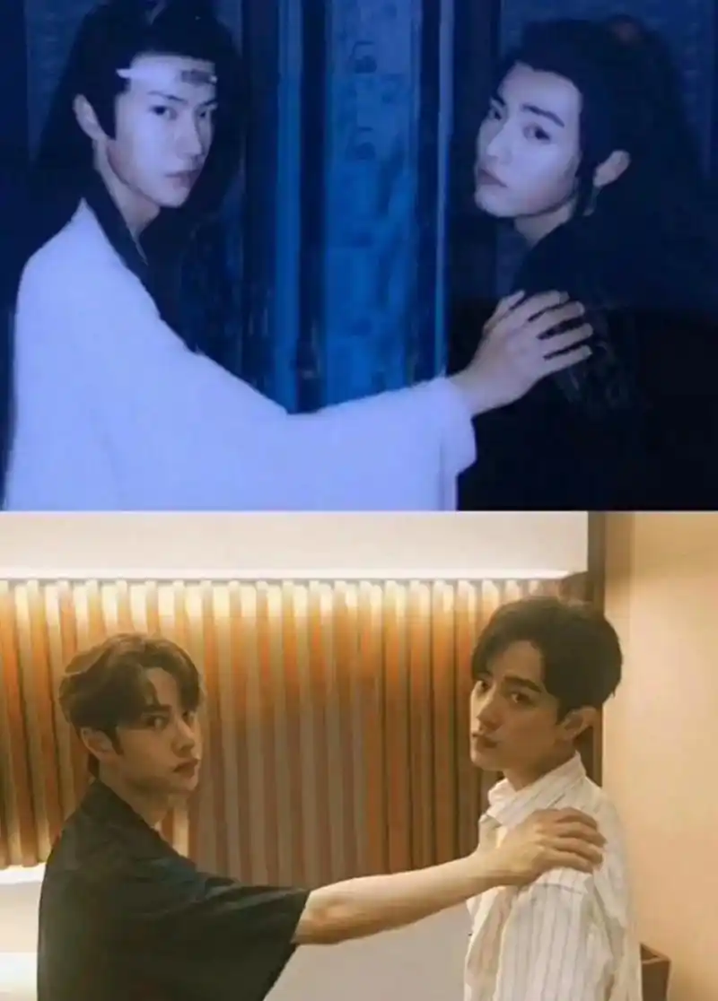 肖战和王一博捂着耳朵向前走博君一肖